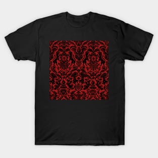 Black on Red Gothic Weird Medieval Lions, Cherubs, and Skulls Scrollwork Damask T-Shirt